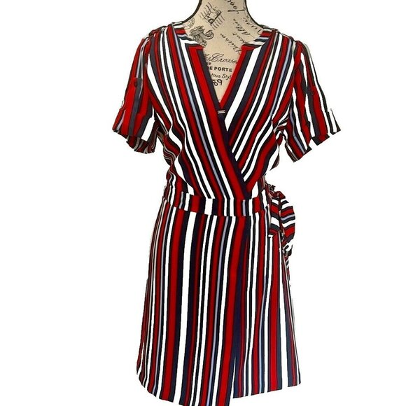 Tommy Hilfiger Nautical Stripe Wrap Midi Dress Red White Blue Size M - Picture 2 of 8